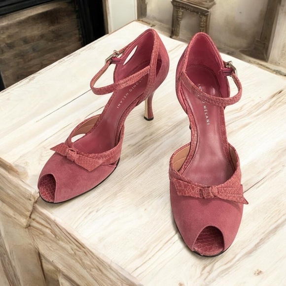 ANTONIO MELANI Dusty Rose
Suede Leather Faux Snake
Trim Peep Toe Heels Size 9M - Picture 1 of 13